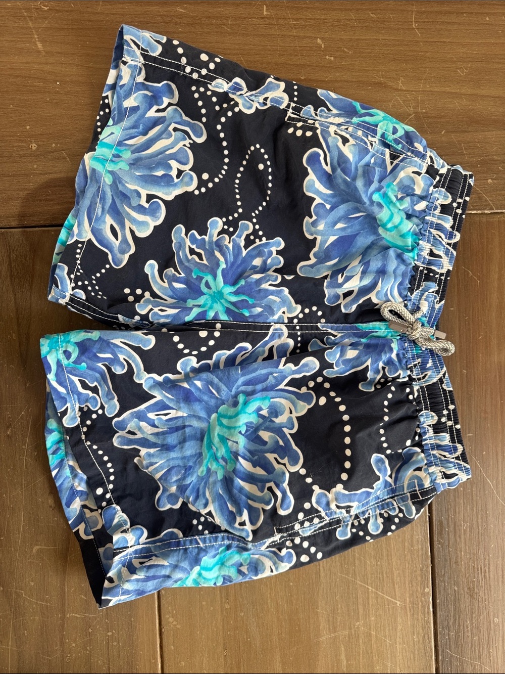 Vilebrequin Navy Swim Trunks with Aqua and Teal Floral Print
